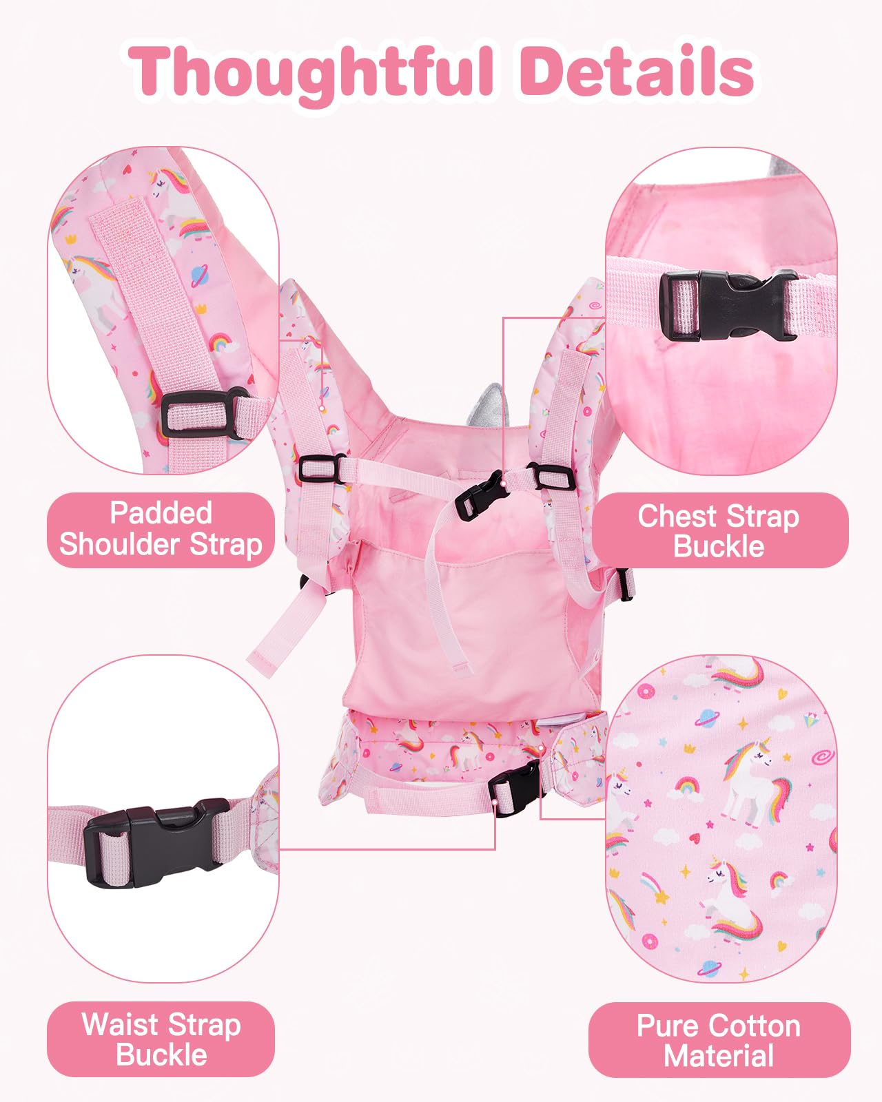 Lictin doll carrier in pink unicorn back carry for on-the-go play.