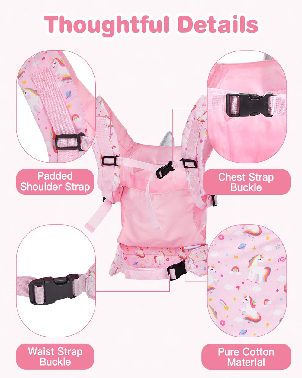 Lictin doll carrier in pink unicorn back carry for on-the-go play.
