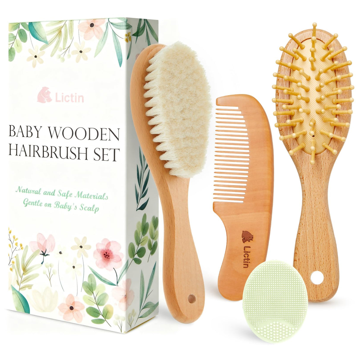 Lictin baby hair brush with soft bristles for gentle newborn scalp care.