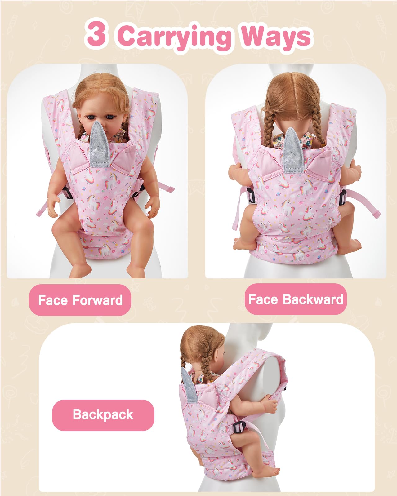 Lictin doll carrier demonstrates three carrying positions for versatility.