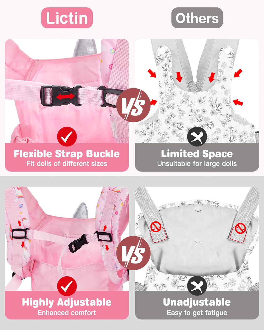 Pink unicorn Lictin carrier showing padded shoulder straps for comfort.