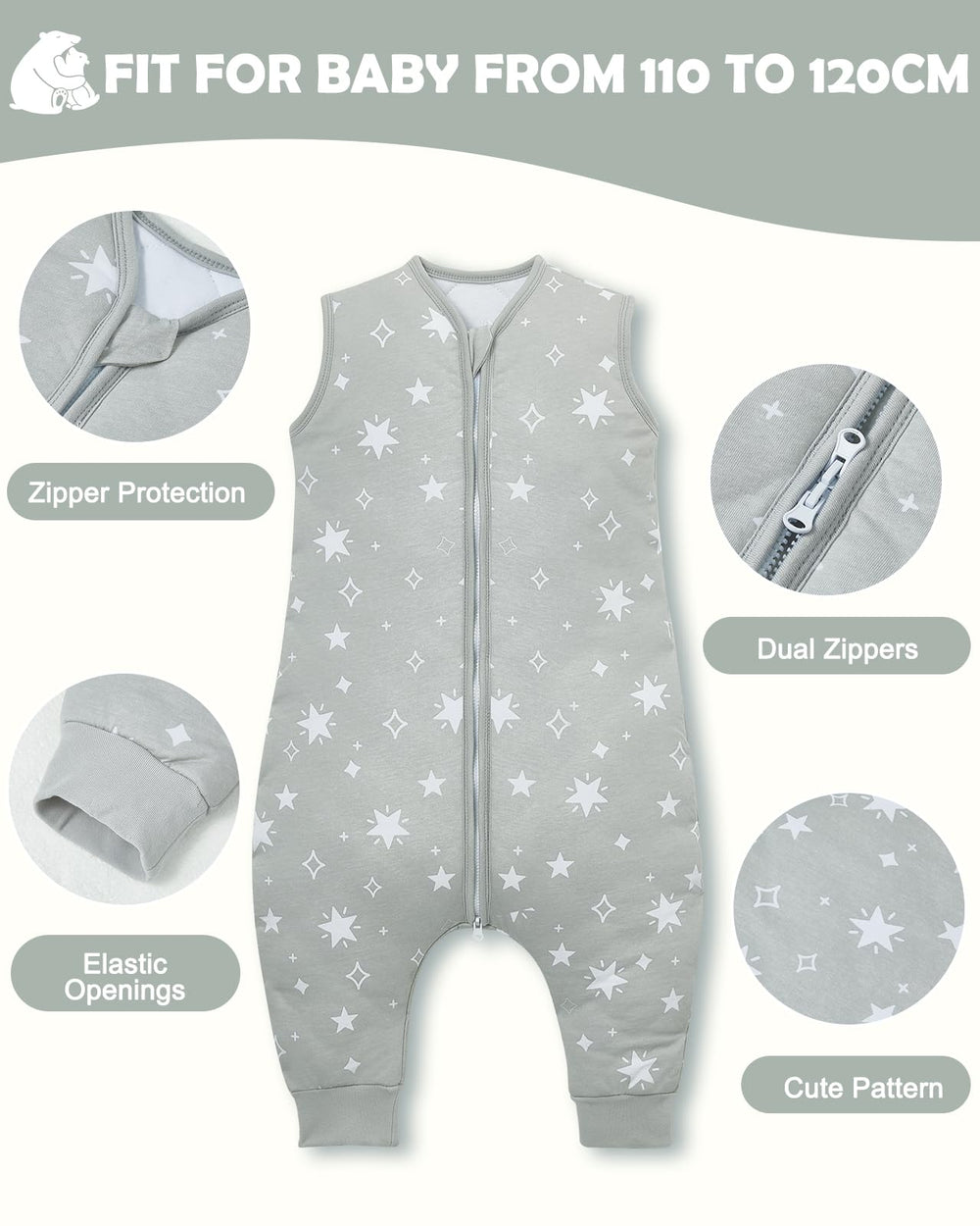 Lictin sleep sack showing two-way zipper for easy changes