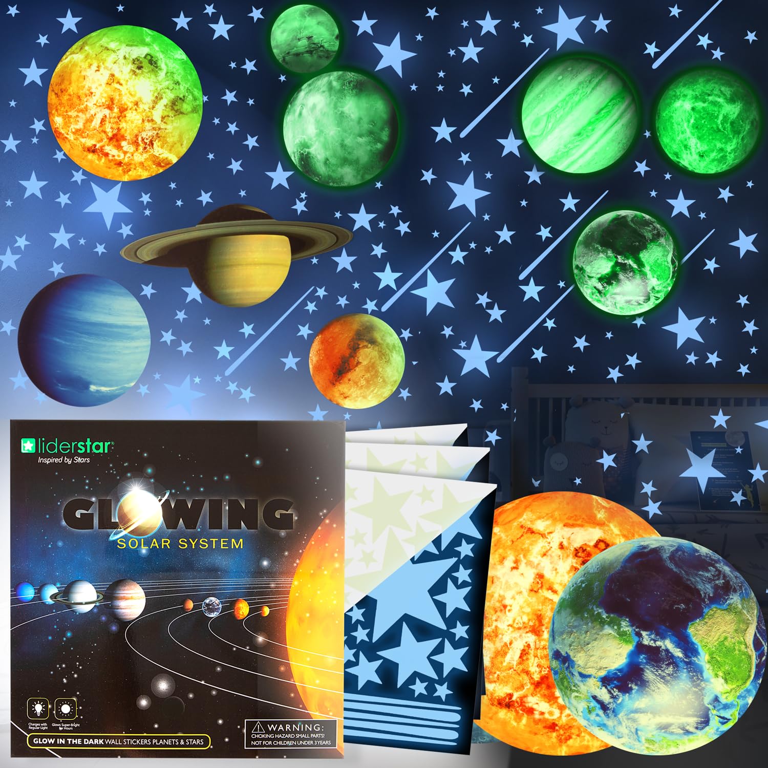 LiderStar glow-stars-ceiling provides a gentle night light for a calming kids' room.