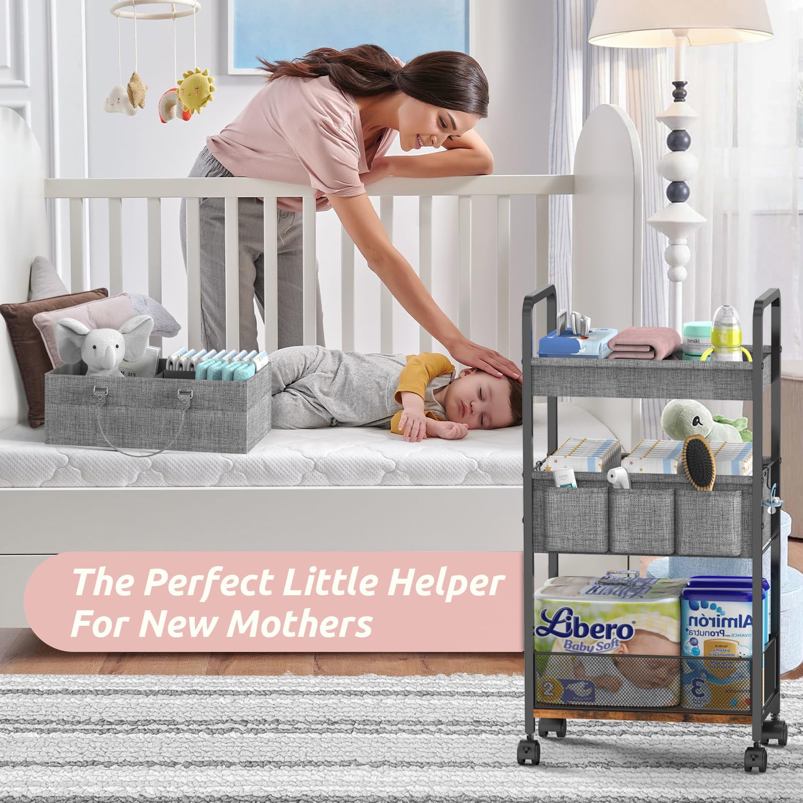 LIDTOP 2In1 diaper cart full capacity image with baby essentials neatly organized.