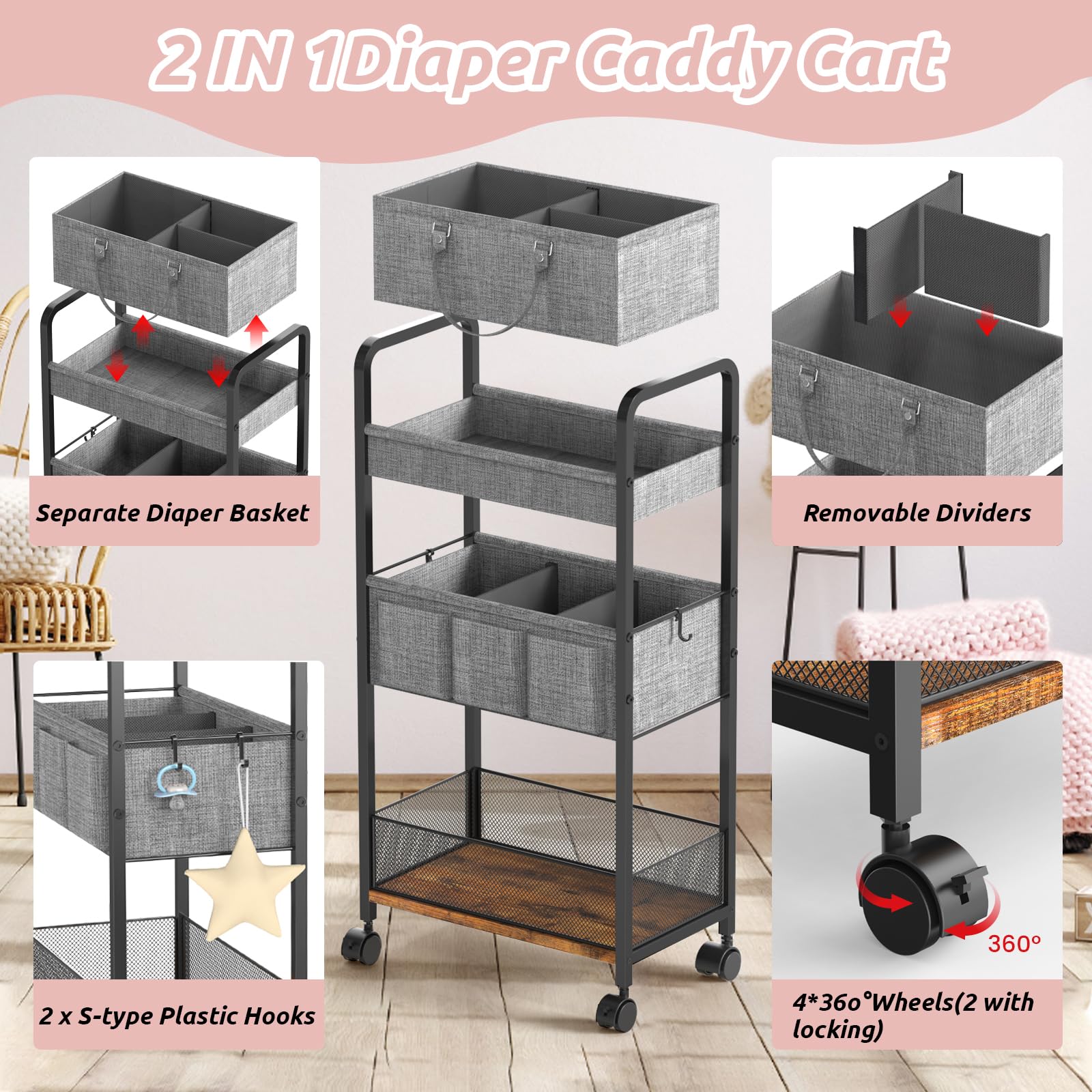 LIDTOP 2In1 diaper cart sturdy metal frame supports heavy items securely.