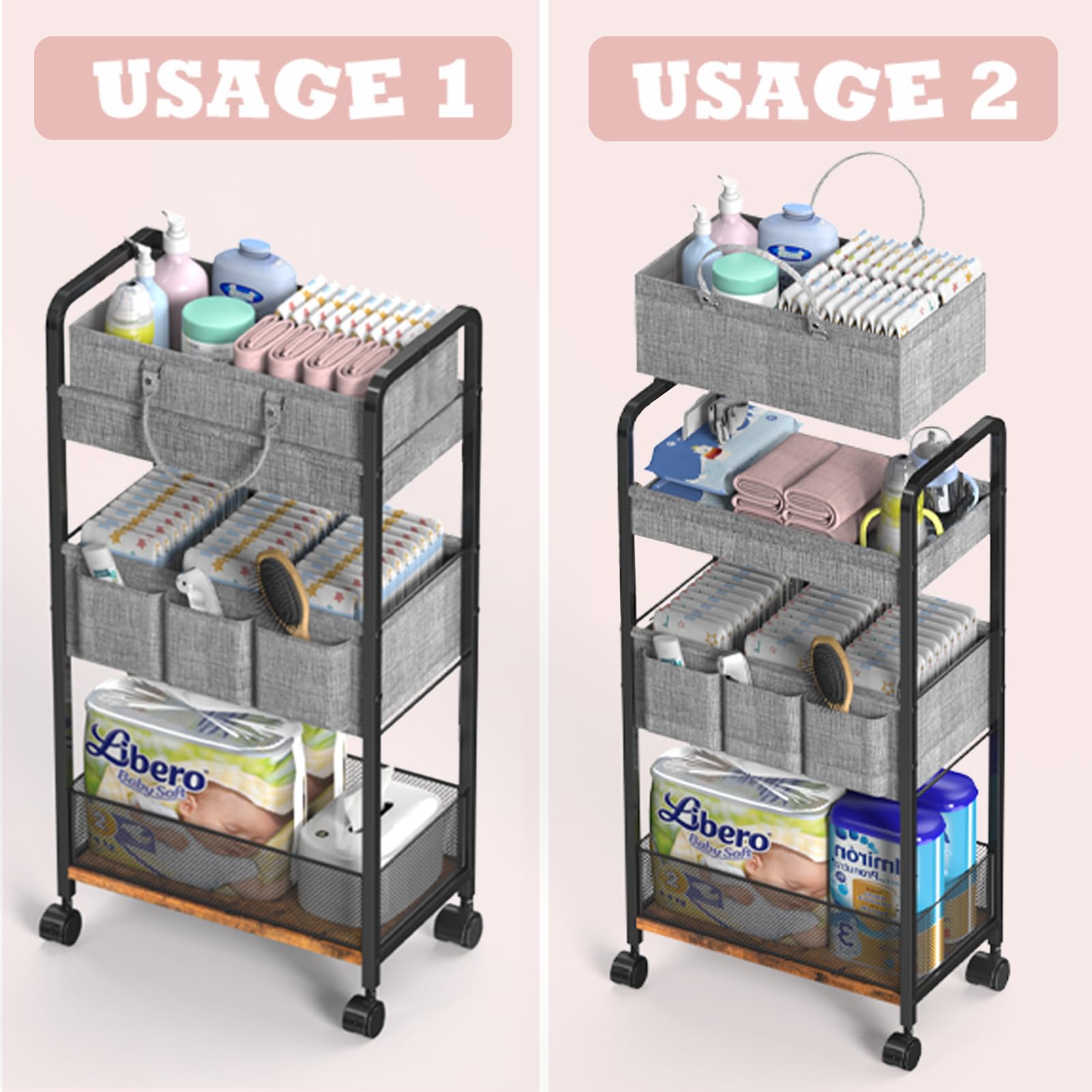 LIDTOP 2In1 diaper cart 360-degree wheels for smooth nursery mobility.