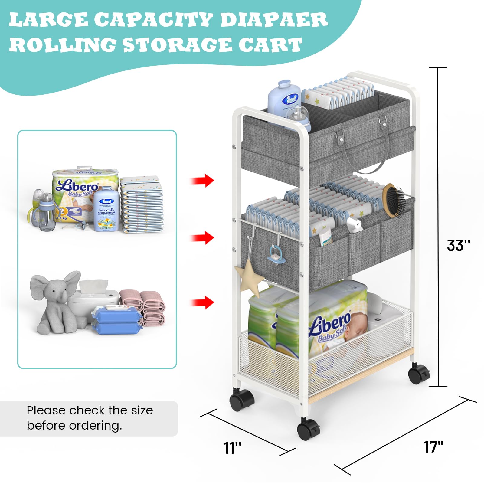 LIDTOP 3-tier rolling cart with wheels offers easy mobility.