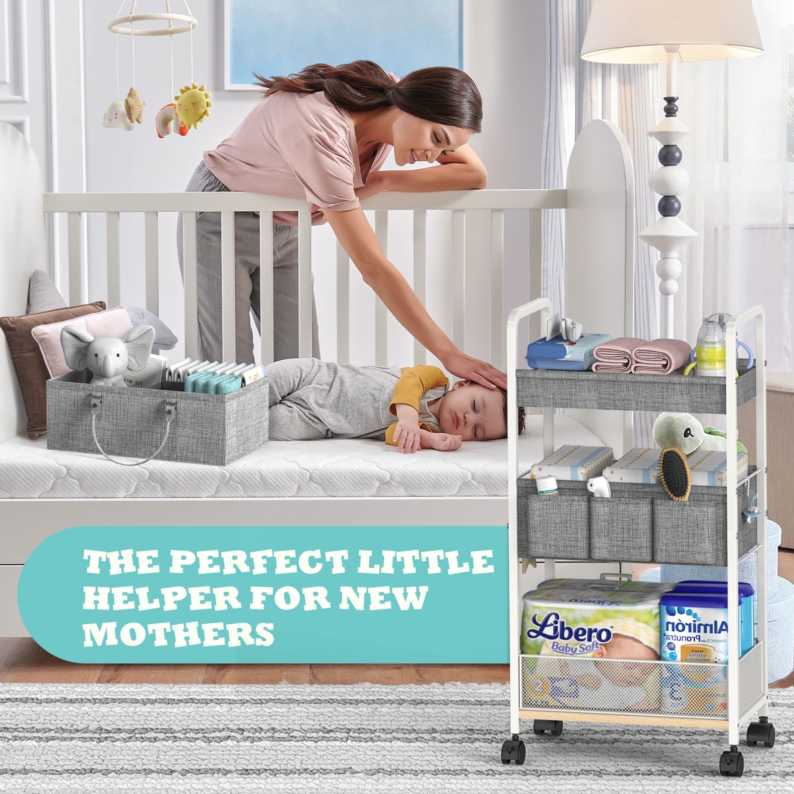 LIDTOP bedside cart in nursery use keeps essentials within reach.
