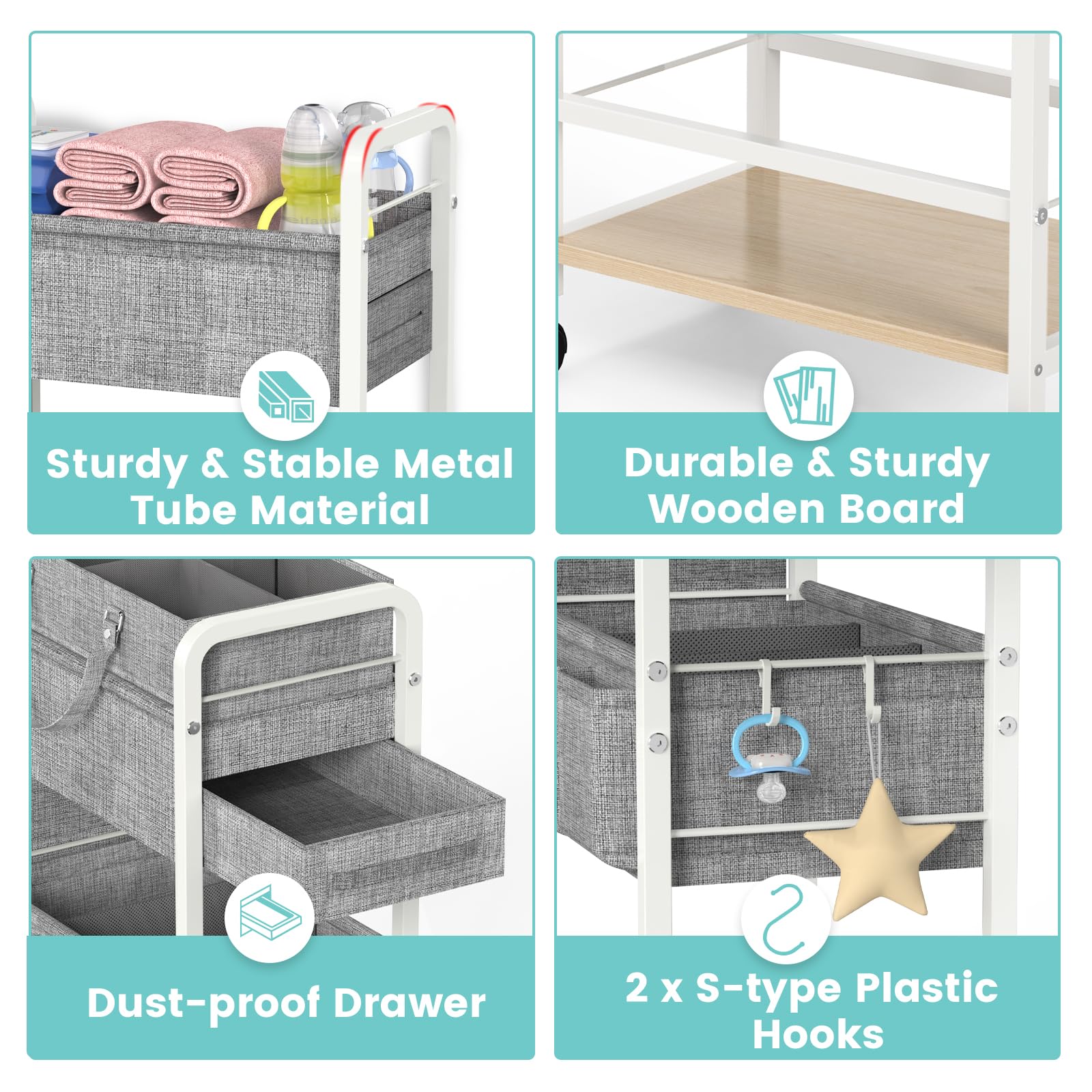 LIDTOP multi-functional cart fits baby supplies, toiletries, snacks, and books