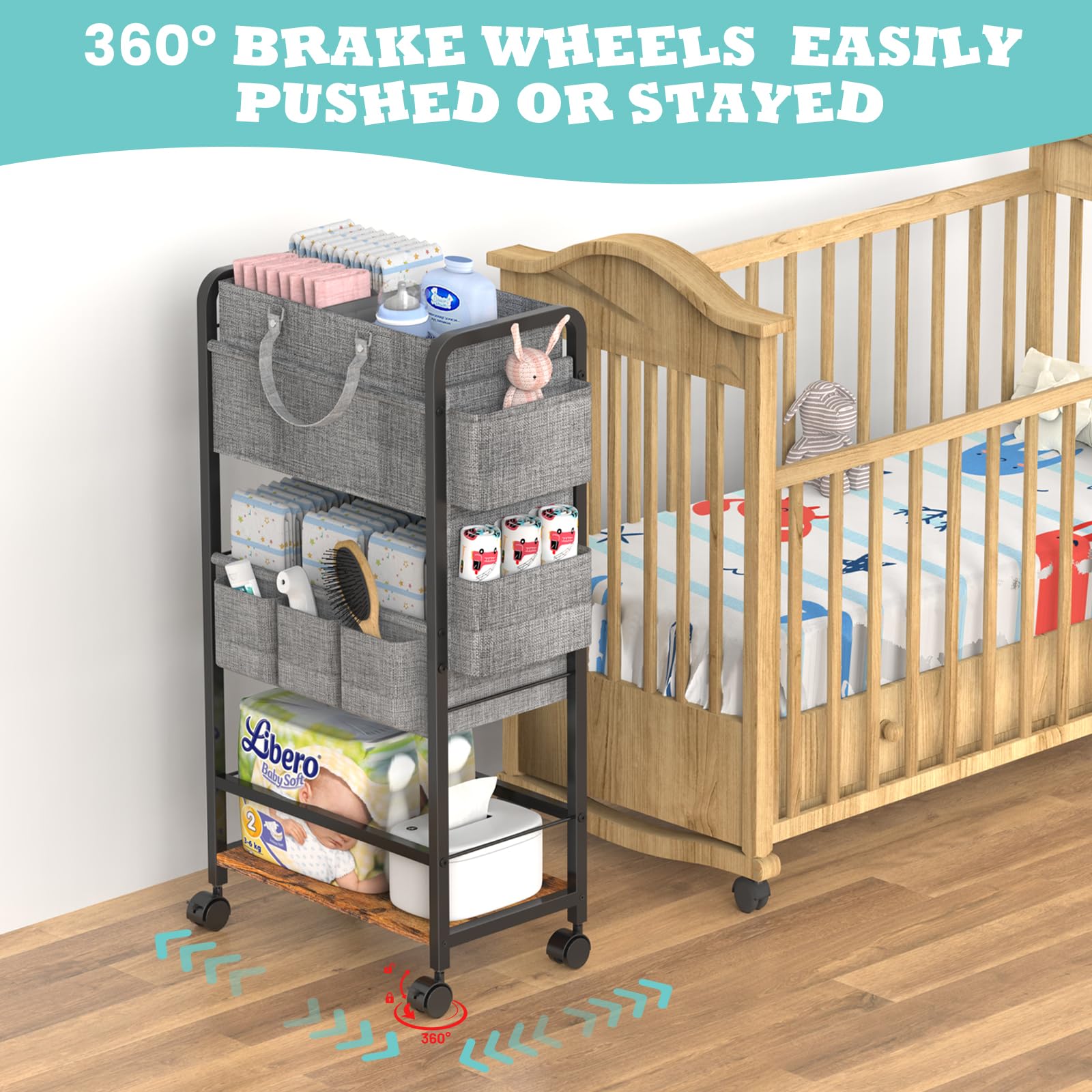 LIDTOP nursery cart beside bed demonstrates convenient bedside storage access.