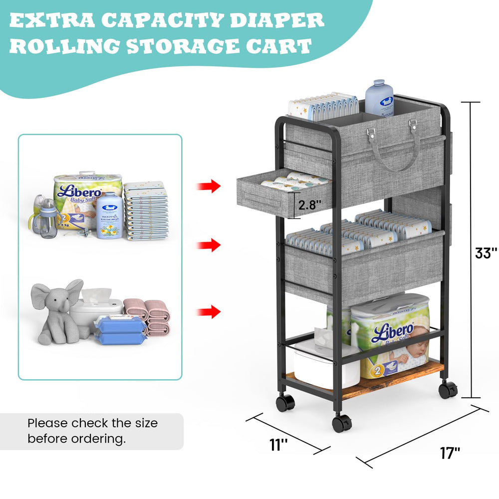 LIDTOP rolling 4-tier diaper cart side view shows expansive nursery organization.