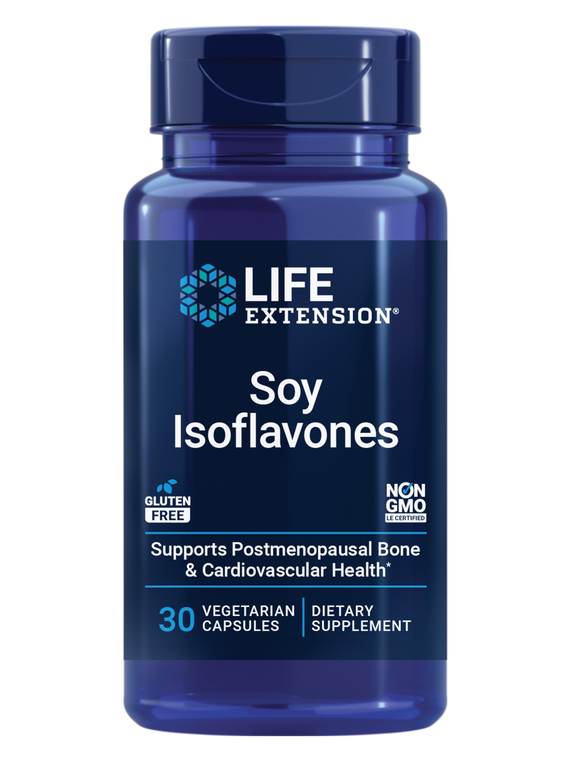 Life Extension Soy Isoflavones bottle shows daily heart and bone support.