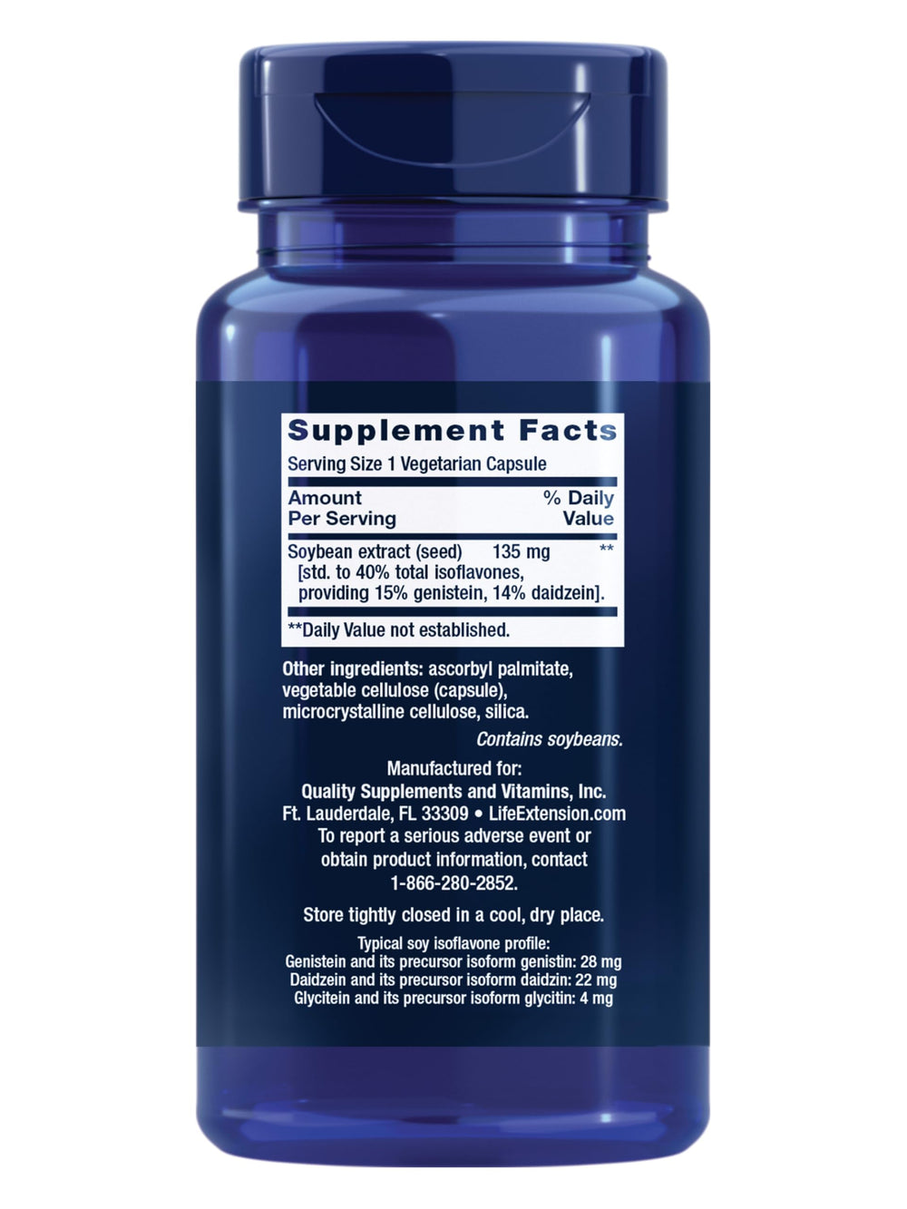 Life Extension Soy Isoflavones label detail highlights 40% isoflavones for consistent potency.