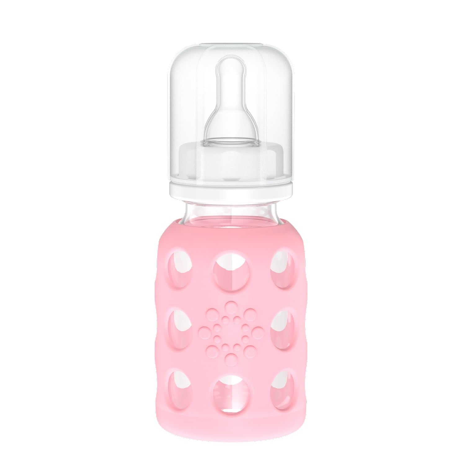 Lifefactory 4oz glass bottle with pink sleeve for easy grip and handling