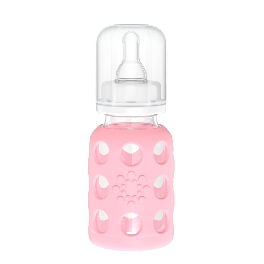 Lifefactory 4oz glass bottle with pink sleeve for easy grip and handling