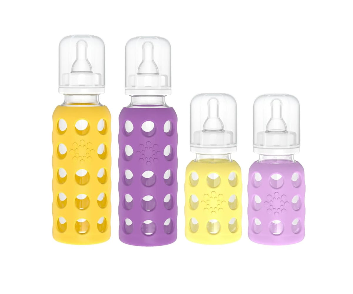 Lifefactory 4oz bottle with silicone sleeve for easy grip and protection.