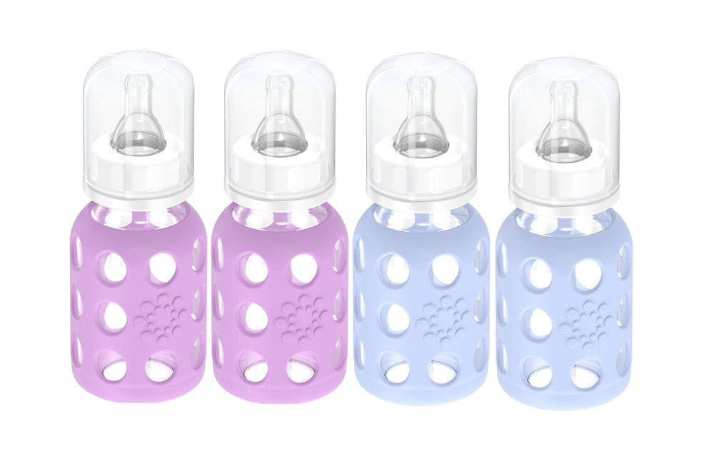 Lifefactory 4 oz glass baby bottle with lavender silicone sleeve for easy grip