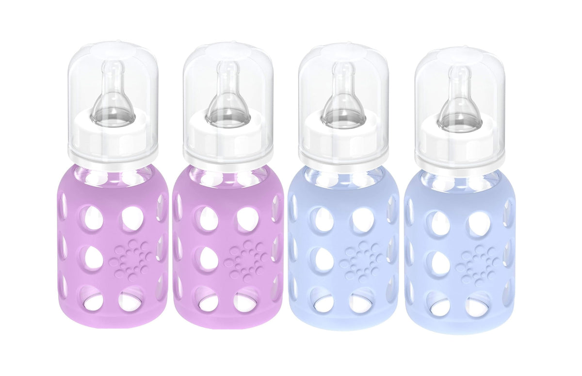Lifefactory 4 oz glass baby bottle with lavender silicone sleeve for easy grip