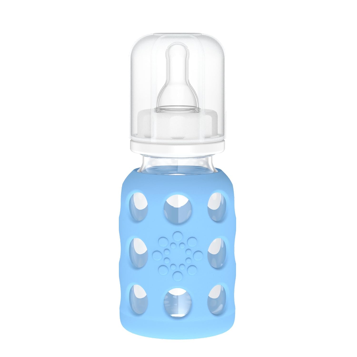 Lifefactory 4-Oz sky blue glass baby bottle with silicone sleeve offering secure grip.