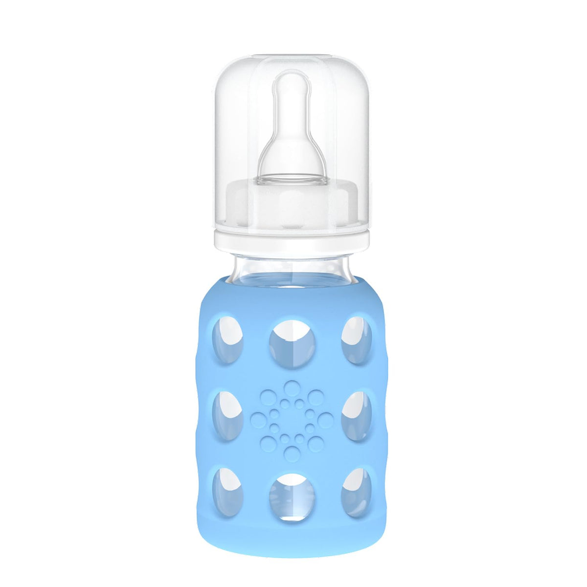 Lifefactory 4-Oz sky blue glass baby bottle with silicone sleeve offering secure grip.