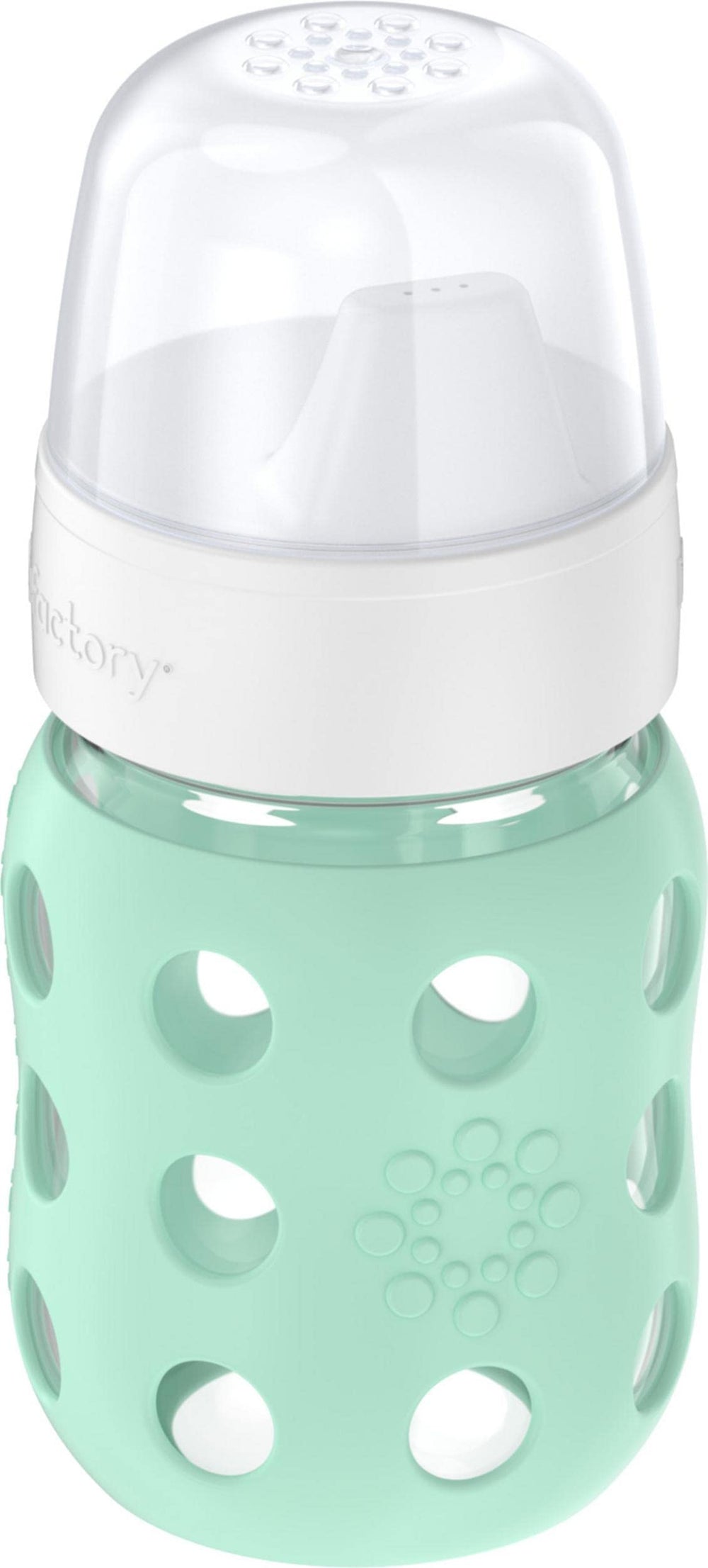 Lifefactory hard sippy spout with vented valve supports smooth transitions.