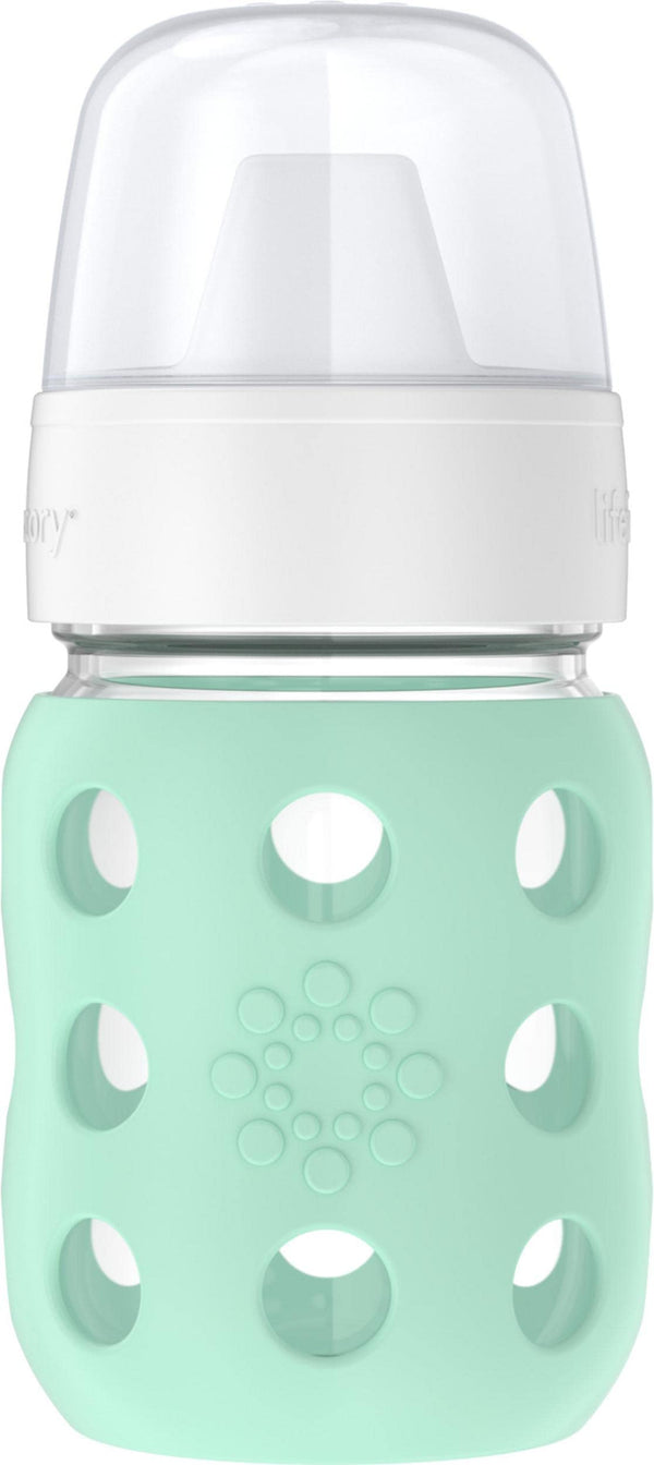 Lifefactory 8-ounce wide neck bottle with silicone sleeve for secure feeding grip.