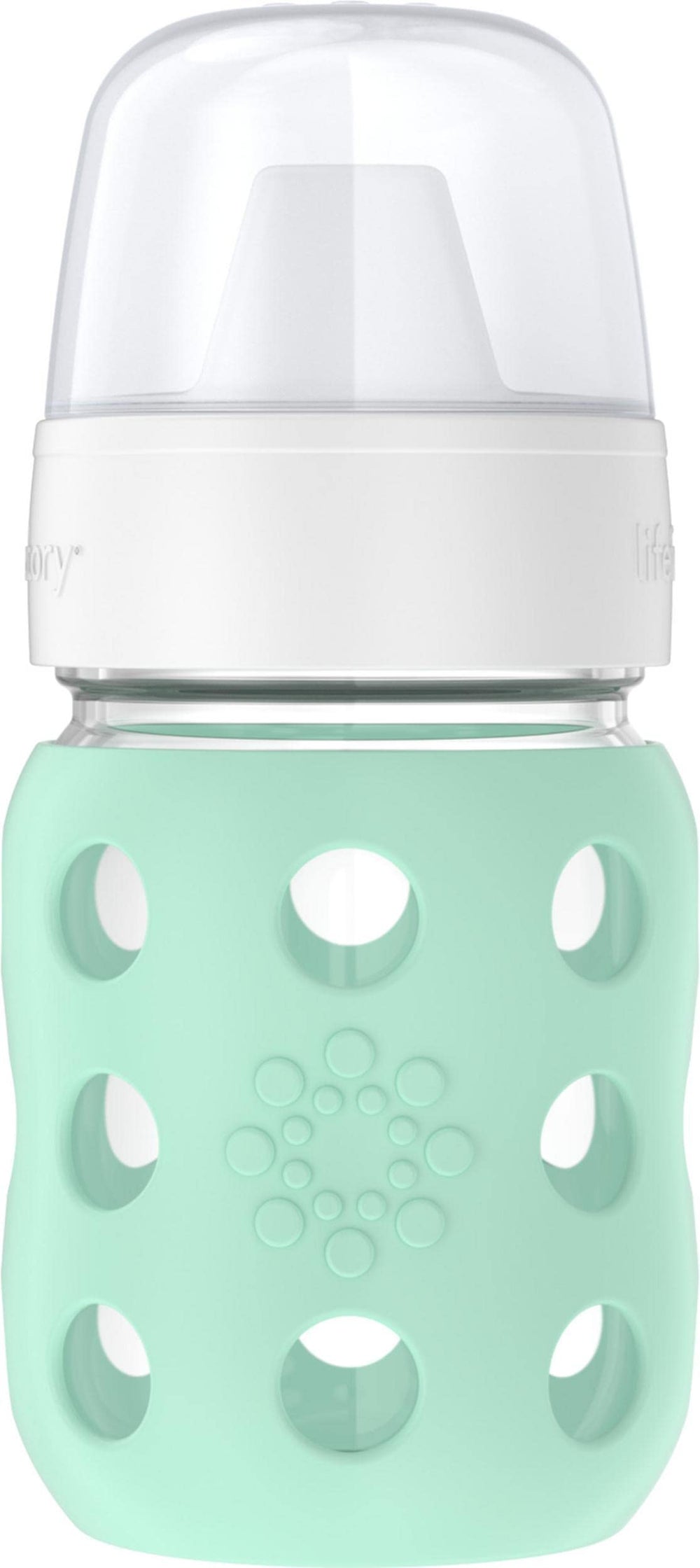 Lifefactory 8-ounce wide neck bottle with silicone sleeve for secure feeding grip.