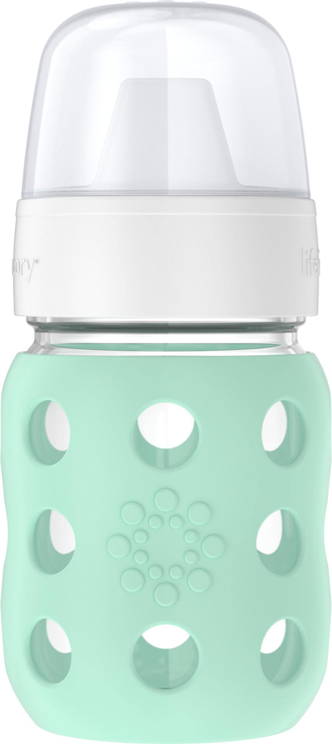 Lifefactory 8-ounce wide neck bottle with silicone sleeve for secure feeding grip.