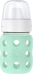 Lifefactory 8-ounce wide neck bottle with silicone sleeve for secure feeding grip.