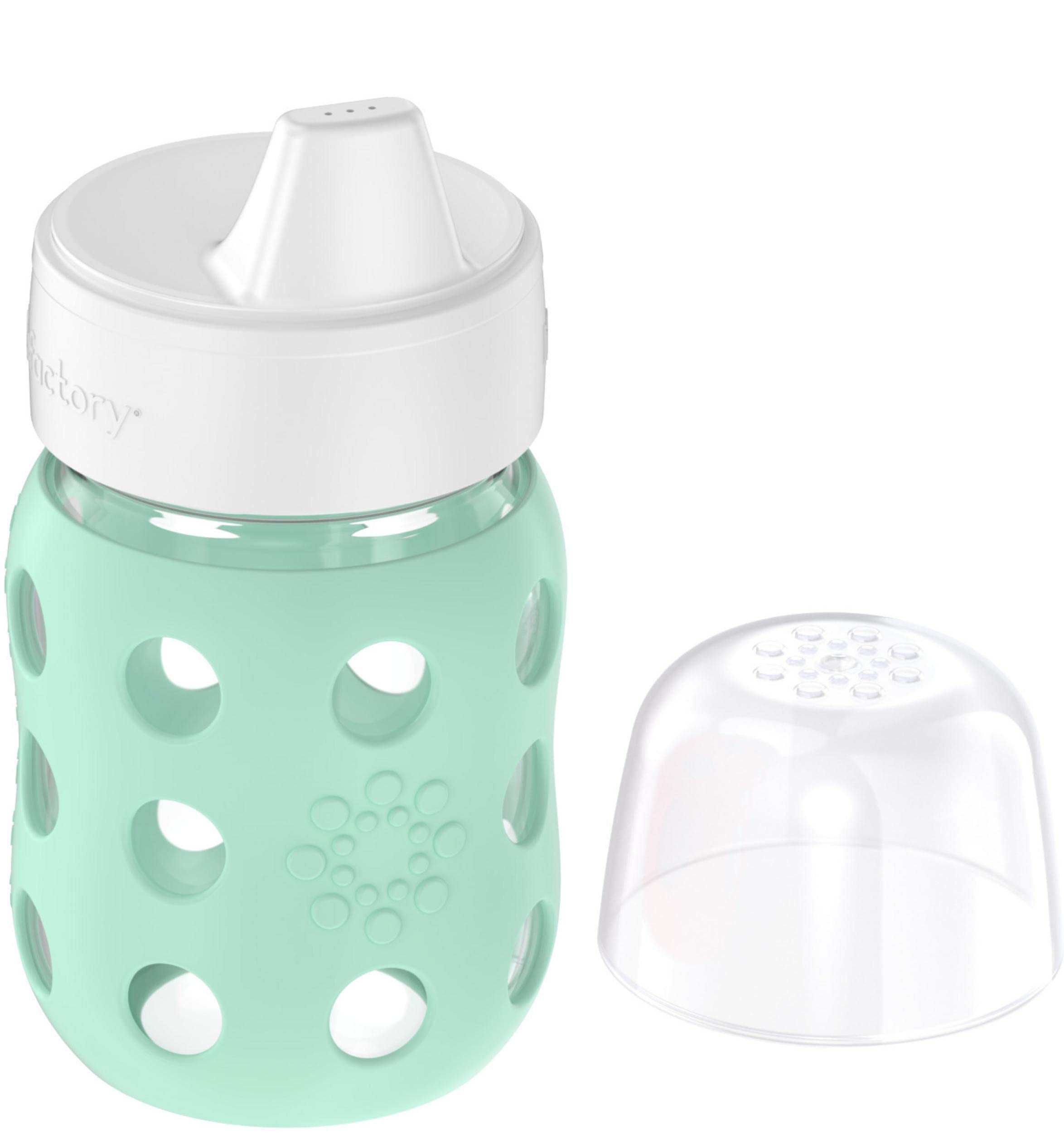 Lifefactory bottle shows vented valve and hygienic cap for clean sipping.