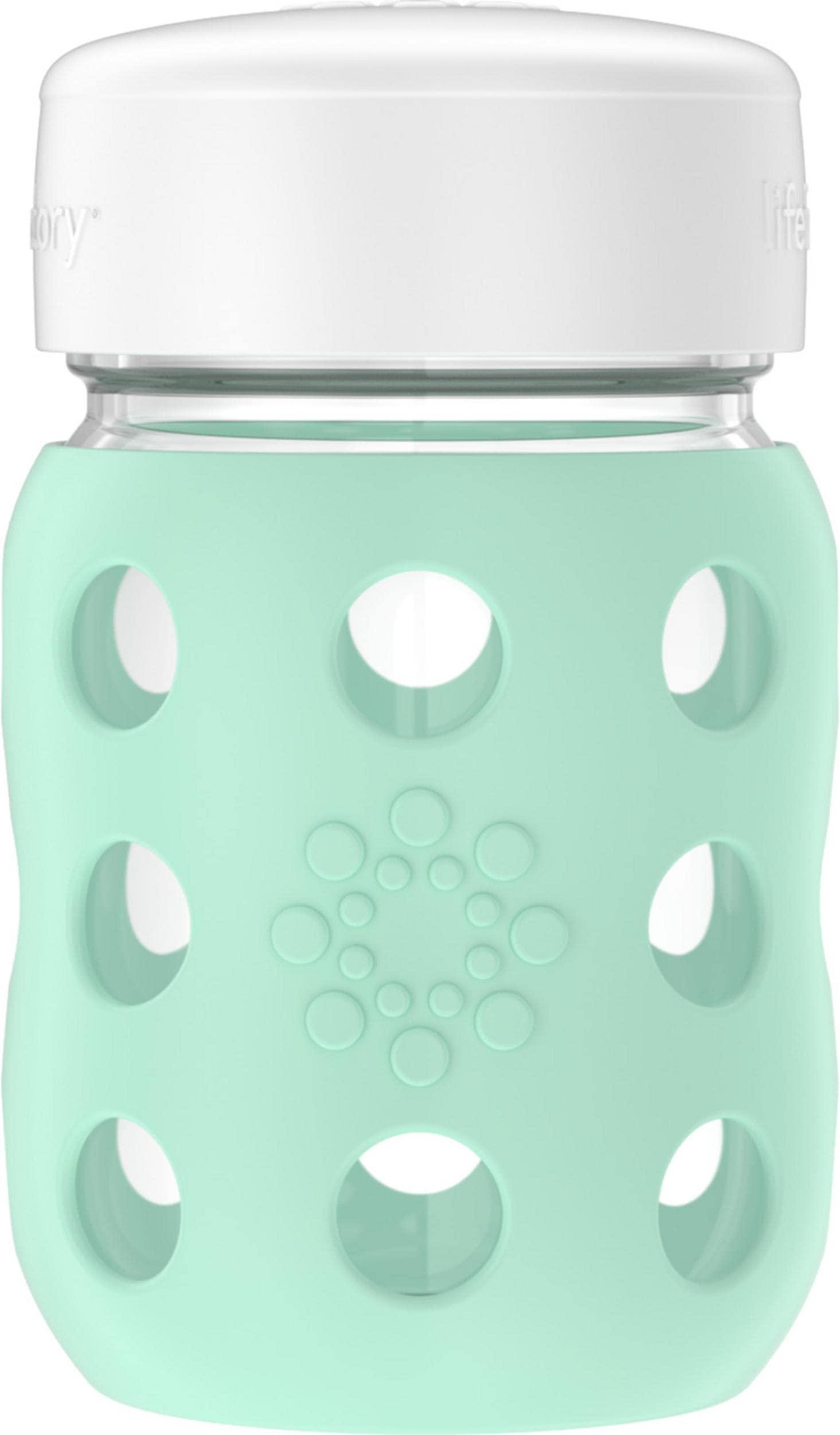 Lifefactory 8oz wide-neck glass bottle with mint silicone sleeve for easy feeding and grip