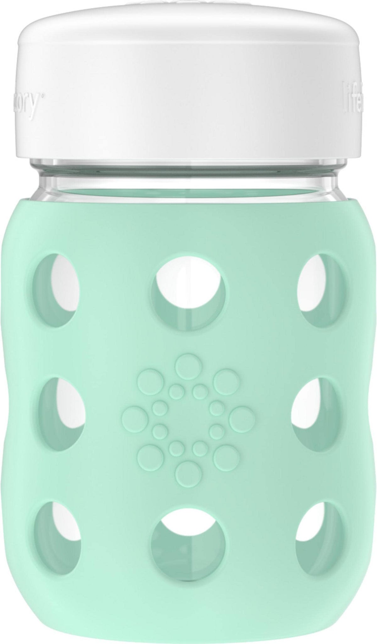 Lifefactory 8oz wide-neck glass bottle with mint silicone sleeve for easy feeding and grip