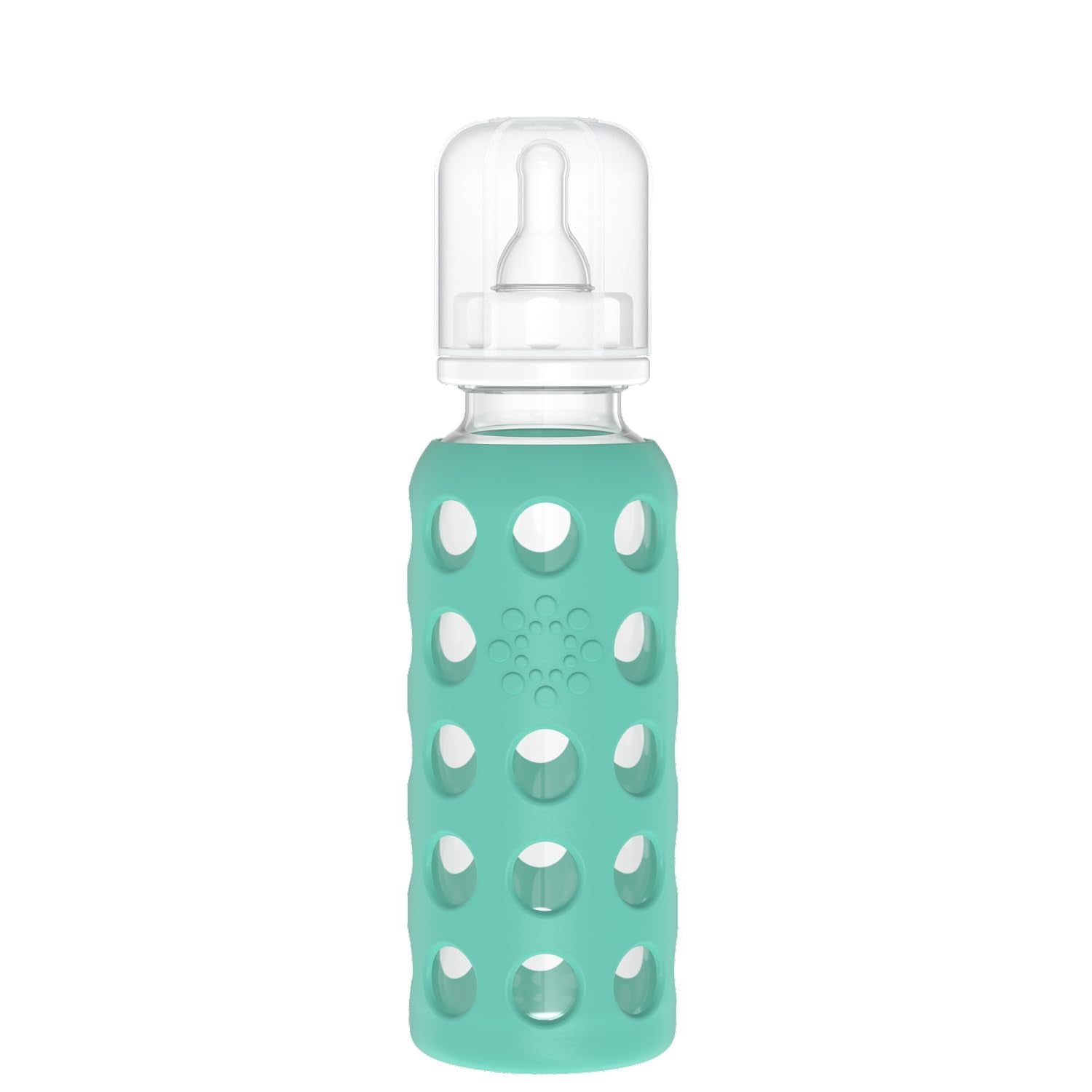 Lifefactory 9-ounce glass bottle with kale sleeve for secure grip.