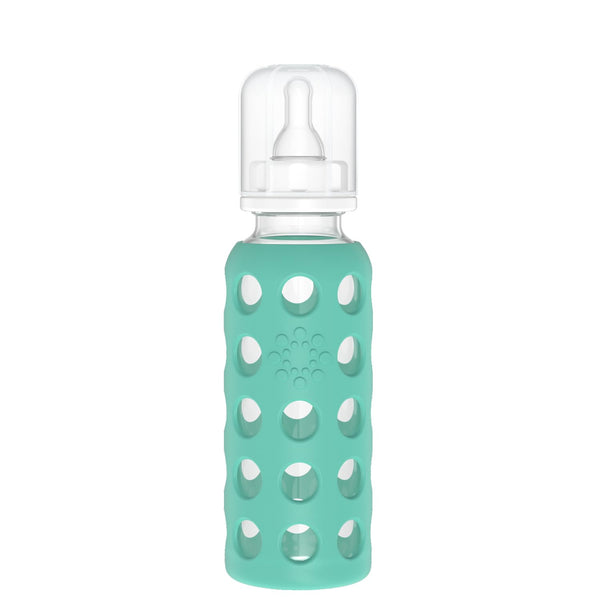 Lifefactory 9-ounce glass bottle with kale sleeve for secure grip.