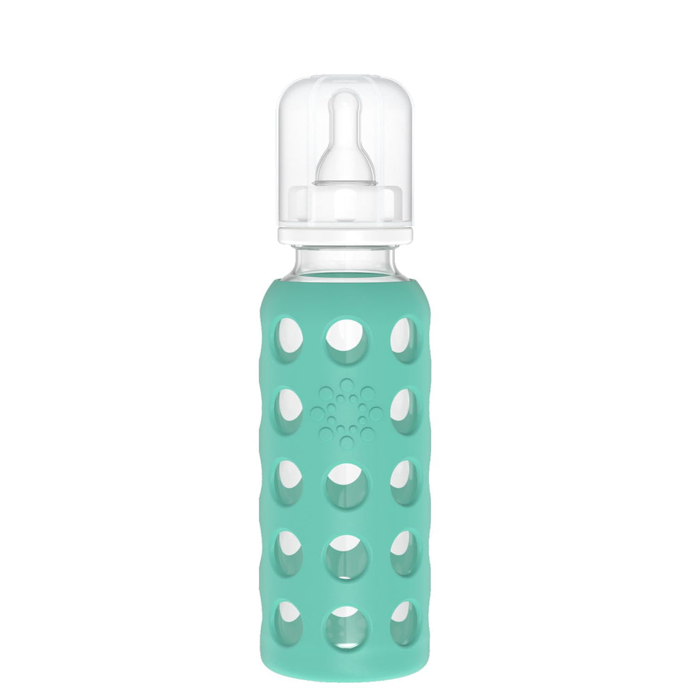 Lifefactory 9-ounce glass bottle with kale sleeve for secure grip.
