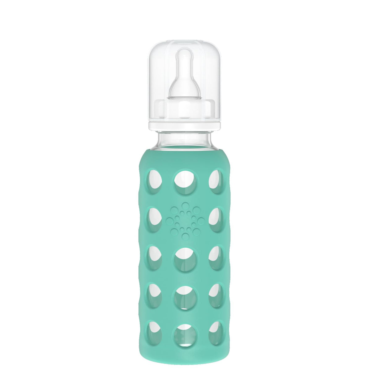 Lifefactory 9-ounce glass bottle with kale sleeve for secure grip.