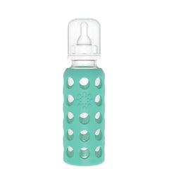Lifefactory 9-ounce glass bottle with kale sleeve for secure grip.