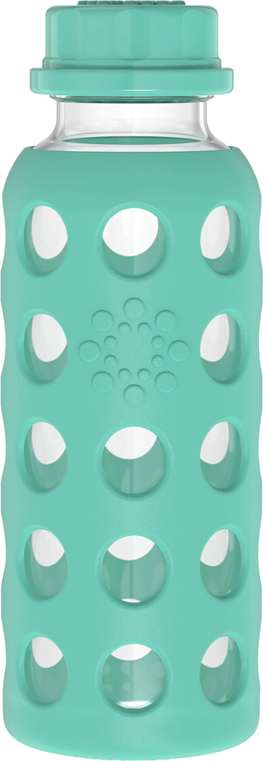 Lifefactory 9-ounce glass bottle with flat cap and Kale color, ideal for school lunches.