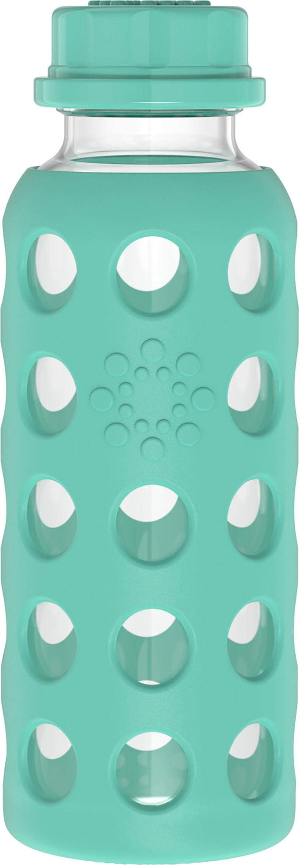 Lifefactory 9-ounce glass bottle with flat cap and Kale color, ideal for school lunches.