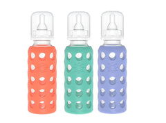 Lifefactory 9 oz Papaya bottle with silicone sleeve for protection and grip.