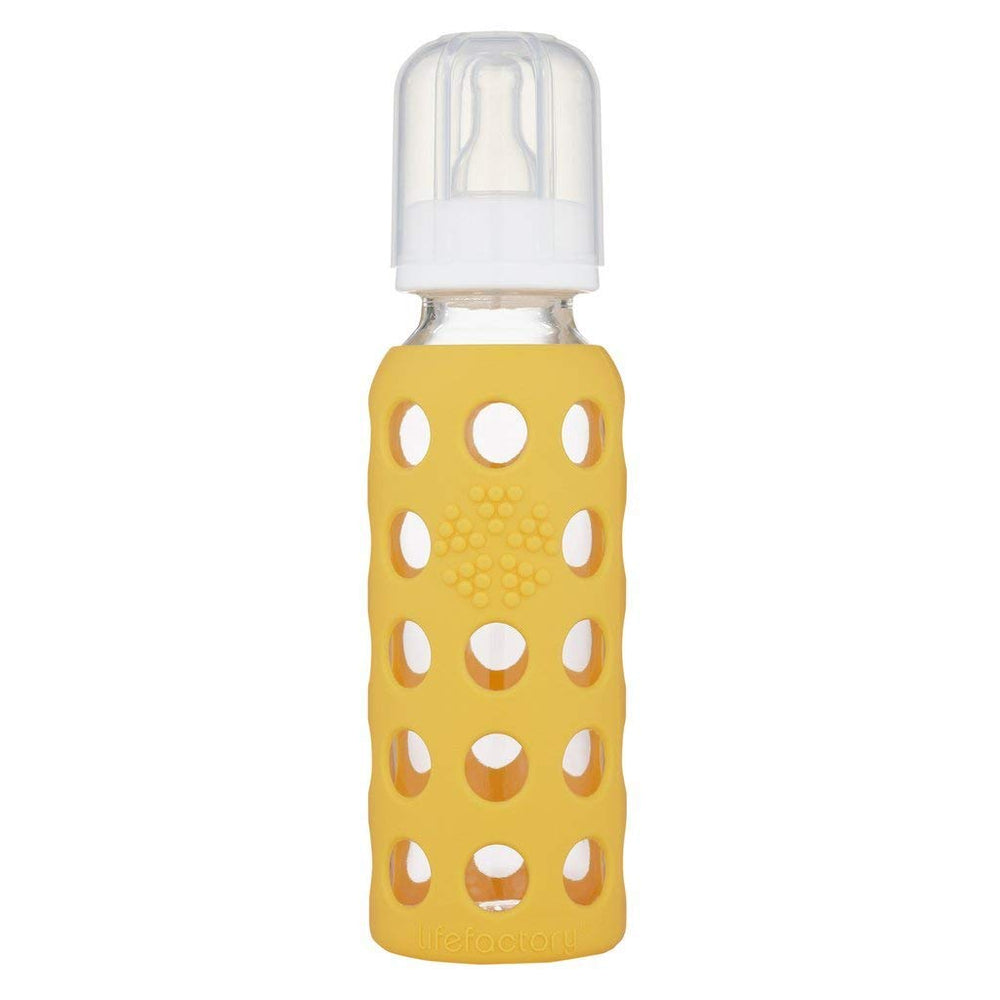 Lifefactory 9oz bottle with silicone sleeve, ready for growing babies.