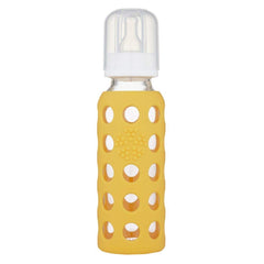 Lifefactory 9oz bottle with silicone sleeve, ready for growing babies.