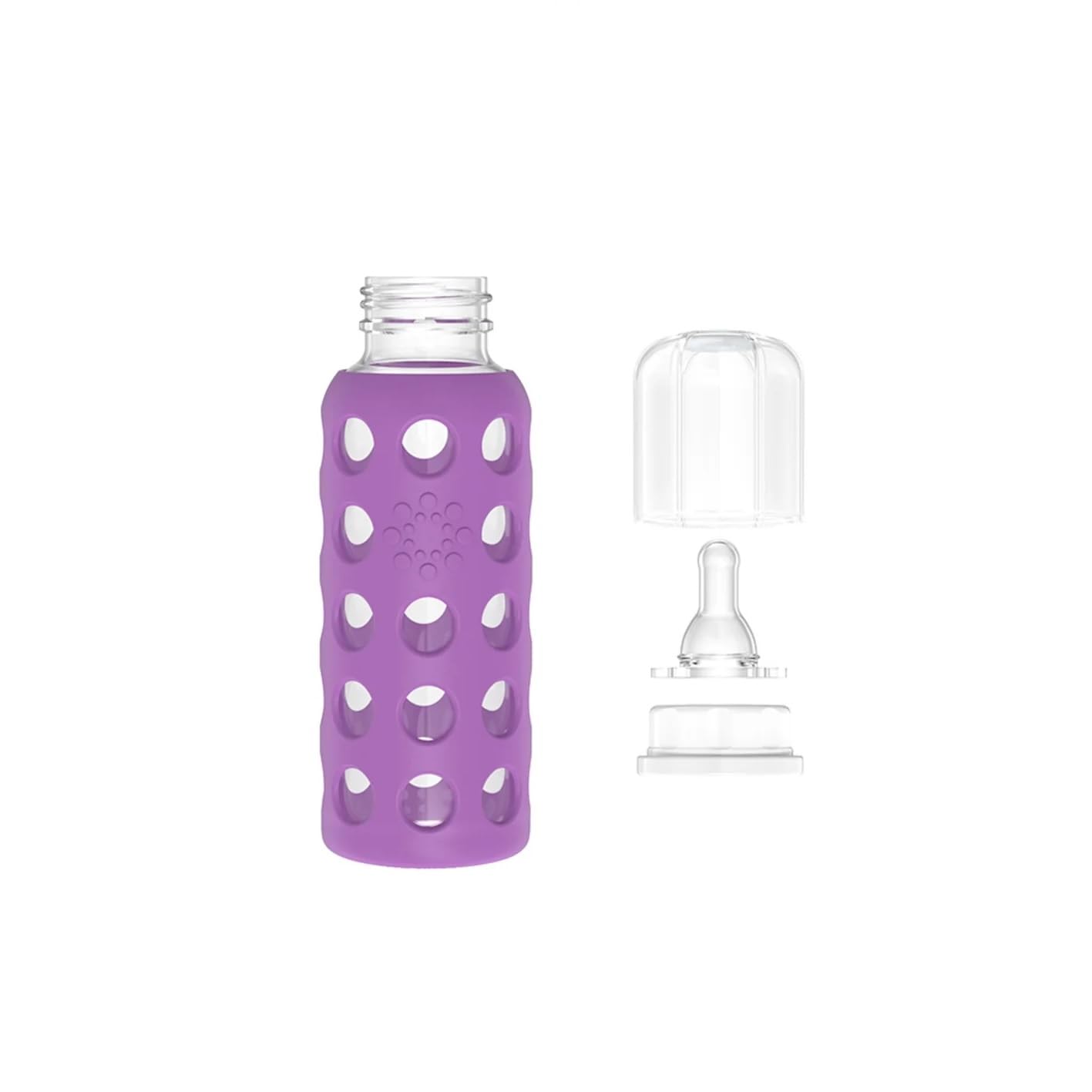 Lifefactory 9oz borosilicate glass bottle with protective silicone sleeve for durability.