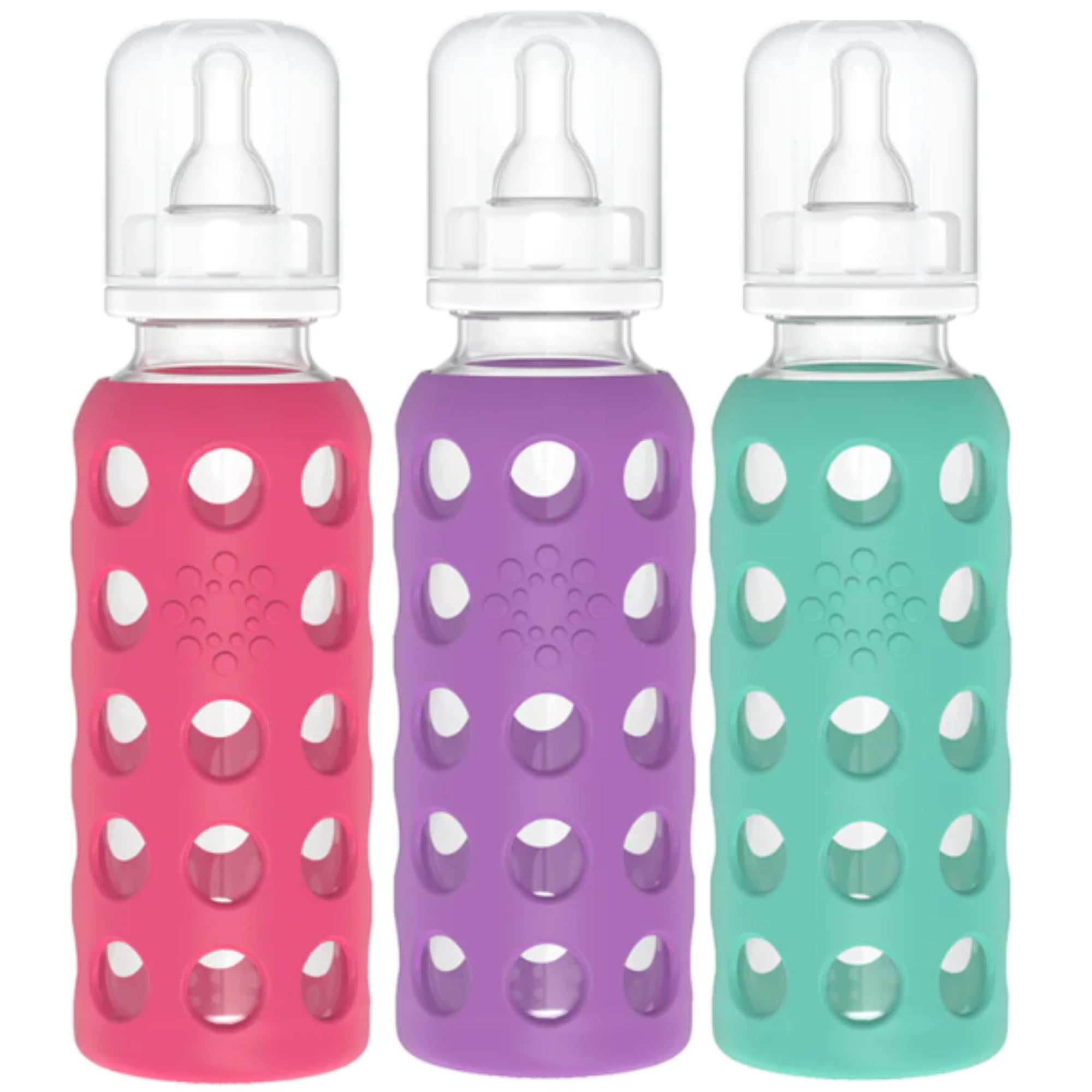 Lifefactory 9 oz glass baby bottle with raspberry sleeve for a secure grip