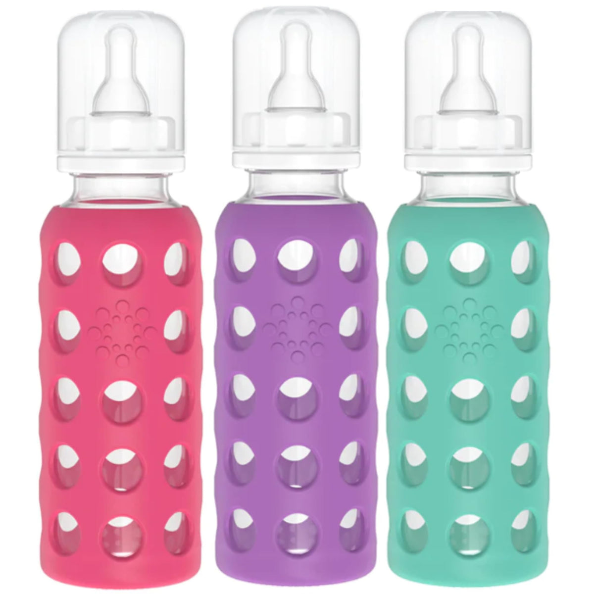 Lifefactory 9 oz glass baby bottle with raspberry sleeve for a secure grip