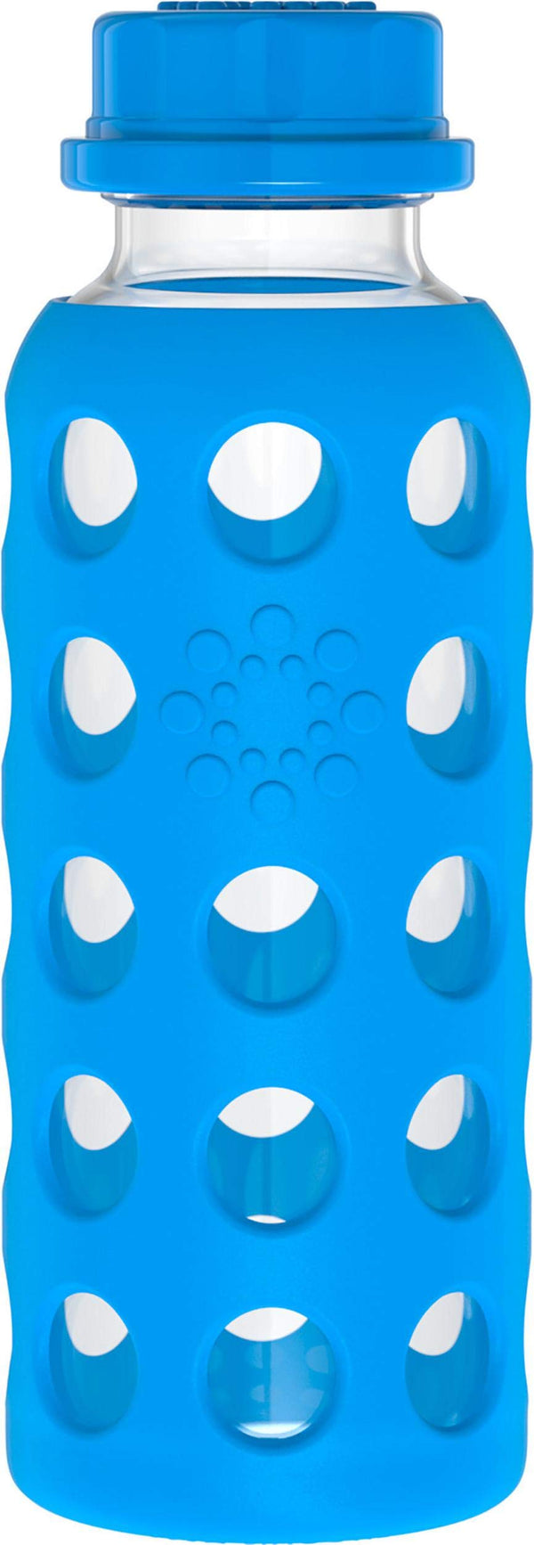 Lifefactory 9oz glass bottle with flat cap Ocean; leakproof for school lunches.