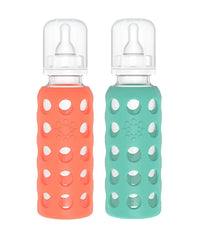 Lifefactory 9oz glass bottle with grape sleeve for colorful, ergonomic handling.