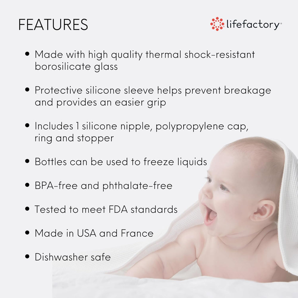 Lifefactory 9oz glass bottle with papaya sleeve for secure, comfortable handling.