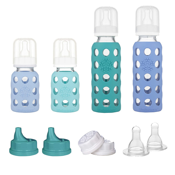 Lifefactory baby bottle 4 oz Mint & Blanket with silicone sleeve for easy grip.
