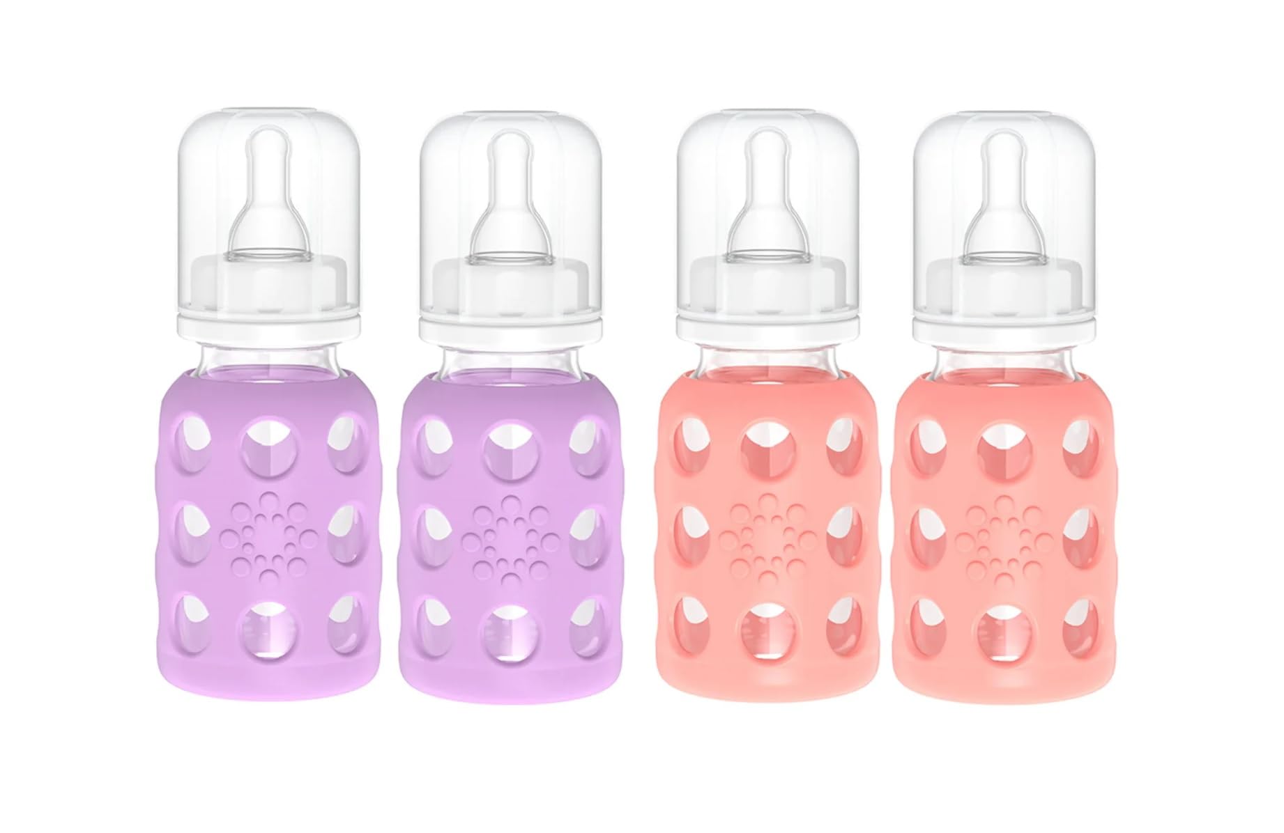 Lifefactory glass baby bottle with lavender silicone sleeve for easy grip.